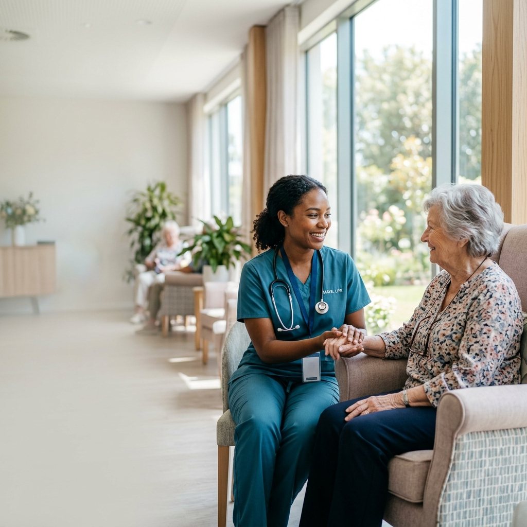 A Carebound nurse caring for an elderly patient in a bright facility